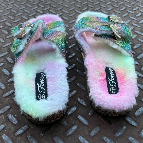 Forever21 Women Sandal Shoes Multi Color Bling Faux Fur Shoes Size 6.5 - Picture 9 of 11